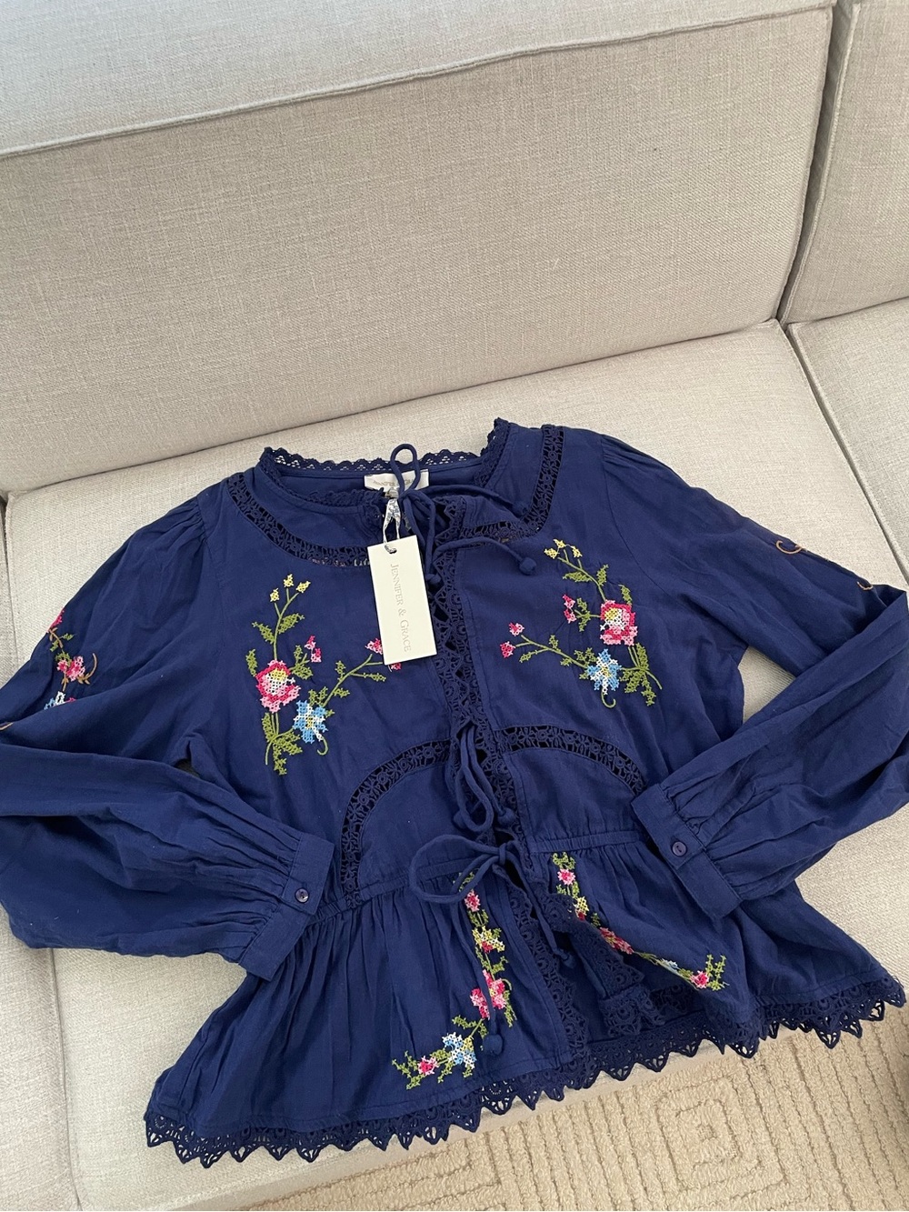 Jennifer and grace navy embroidered ruffle pilgrim blouse